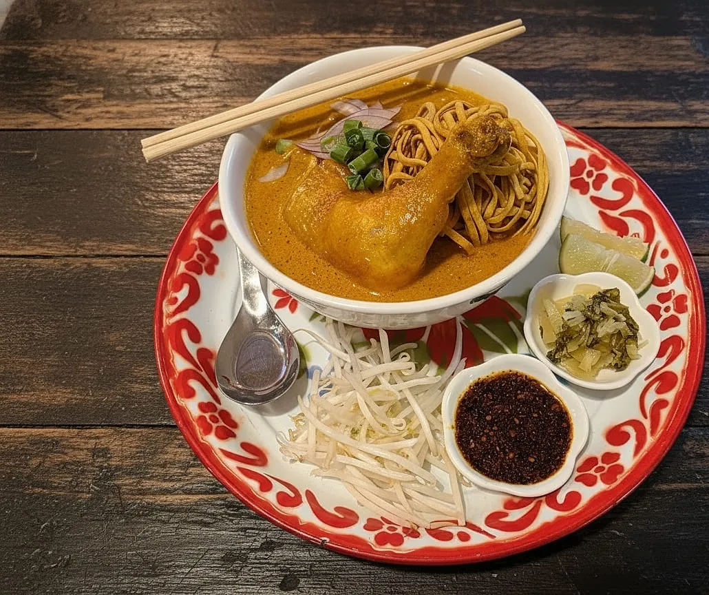 A bowl of curry noodles with chicken, pickled greens, bean sprouts and chili oil at Sno Thai Cafe Madison
